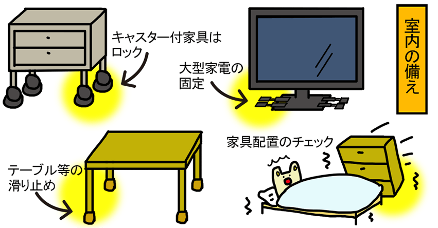 ［室内の備え］大型家電の固定、テーブル等の滑り止め、家具配置のチェック、キャスター付家具はロック