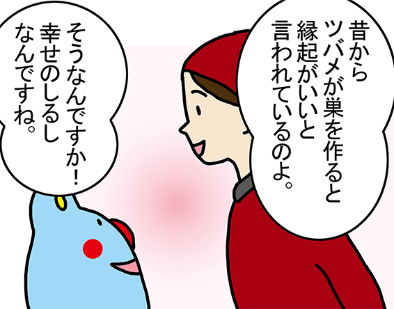 「昔からツバメが巣を作ると縁起がいいと言われているのよ。」「そうなんですか！幸せのしるしなんですね。」