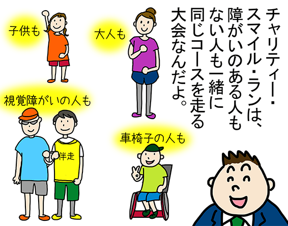 「チャリティー・スマイル・ランは、障がいのある人もない人も一緒に同じコースを走る大会なんだよ。」「大人も、子供も、車椅子の人も、視覚障がいの人も」