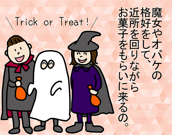 「魔女やオバケの格好をして、近所を回りながらお菓子をもらいに来るの。」Trick or Treat!