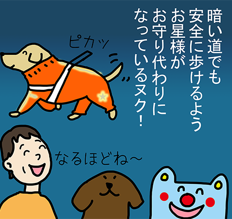 「暗い道でも安全に歩けるようお星様がお守り代わりになっているヌク!」「なるほどね~」