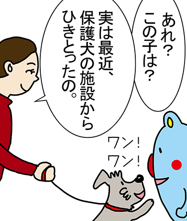 「あれ？この子は？」「実は最近、保護犬の施設からひきとったの。」