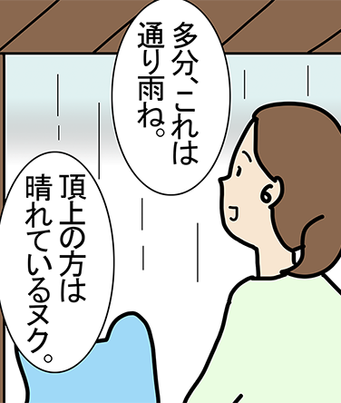 「多分、これは通り雨ね。」「頂上の方は晴れているヌク。」