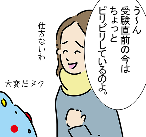 「う〜ん受験直前の今はちょっとピリピリしているのよ。」「大変だヌク」「仕方ないわ」