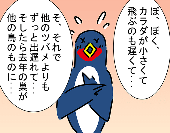 「ぼ、ぼく、カラダが小さくて飛ぶのも遅くて...」「そ、それで他のツバメよりもずっと出遅れて...そしたら去年の巣が他の鳥のものに...」