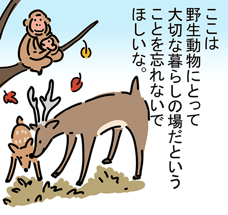 「ここは野生動物にとって大切な暮らしの場だということを忘れないでほしいな。」